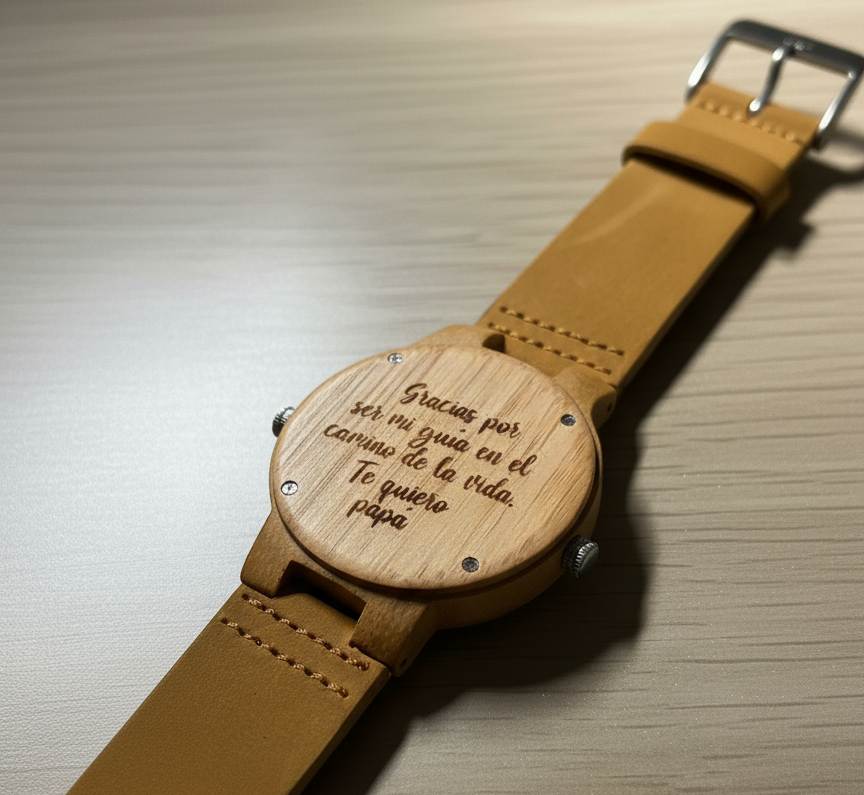 Texto en la tapa de madera